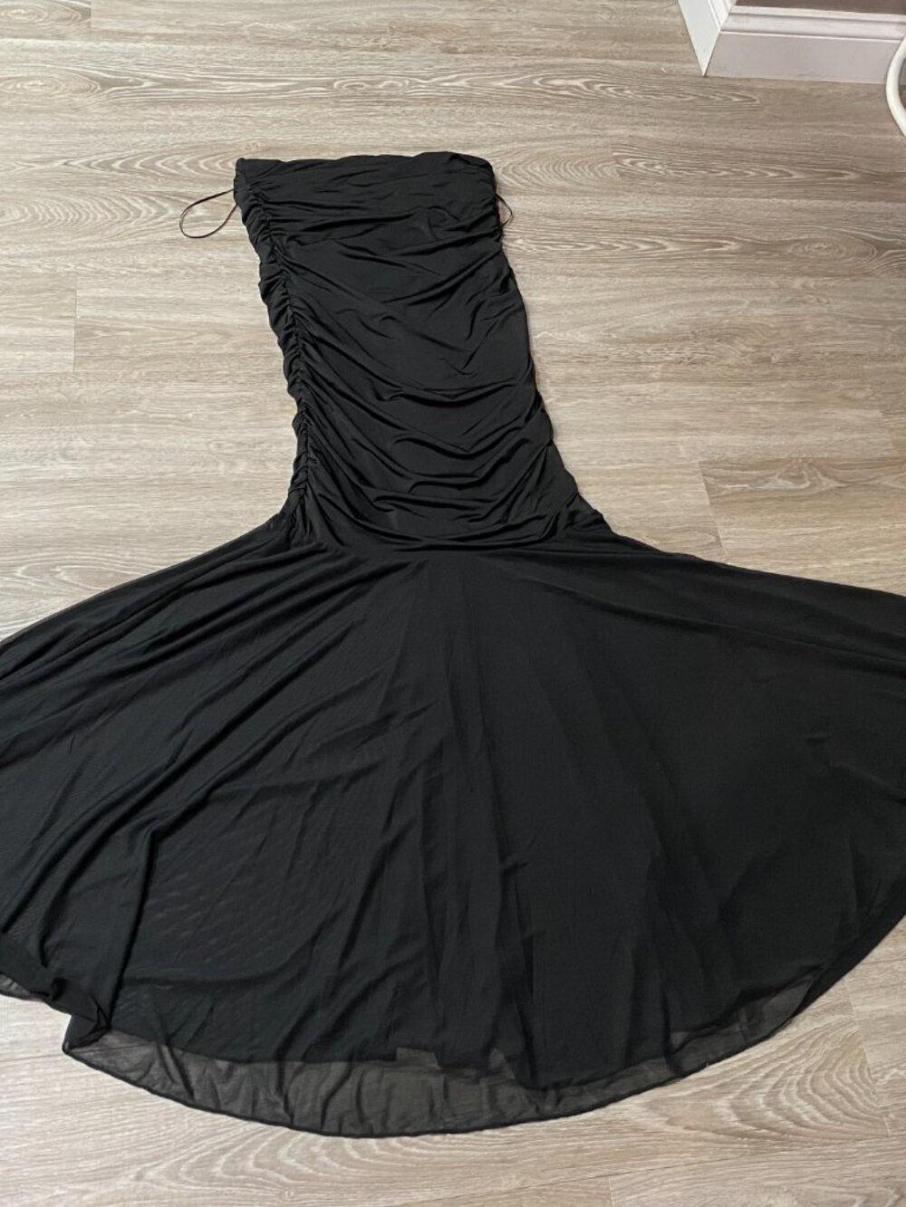 Black Strapless Tube Sheer Skirt Drop Waist Ruched Whimsigoth Romantic Dress L